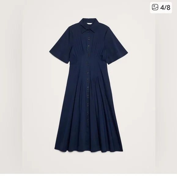NWT! Banana Republic Navy Stretch-Cotton Poplin Pintuck Long-Midi Shirt  Dress L